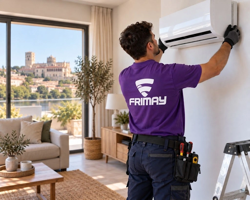Técnico de Frimay instalando aire acondicionado en Zamora